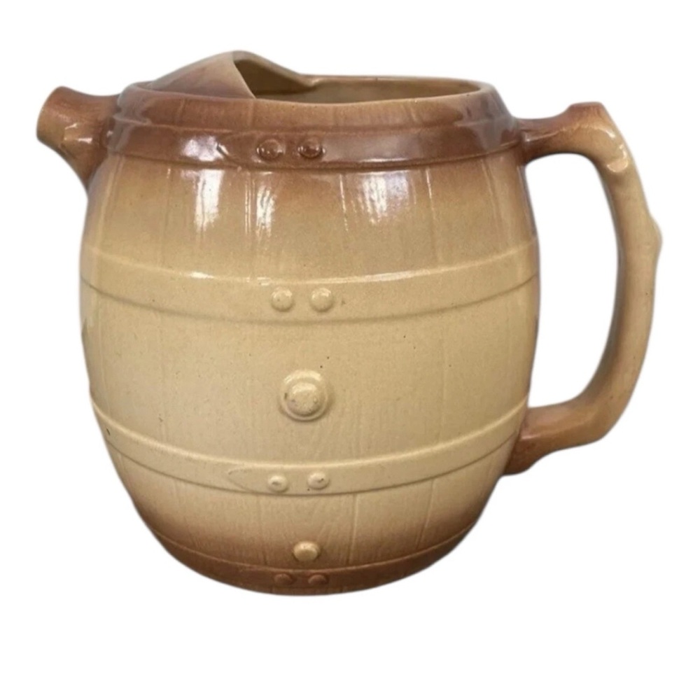Ceramic Whiskey Barrel Planter Vintage Water Pitcher Frankoma Brown Pottery Jug